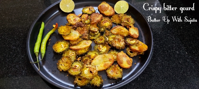 Crispy Bitter Gourd And Potato Or Aloo Karela / Less Oil Recipe