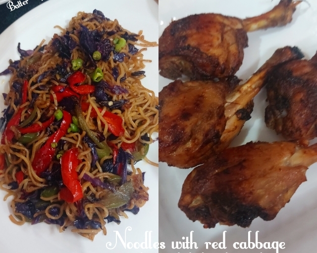 Noodles With Red Cabbage And Roasted Drumstick